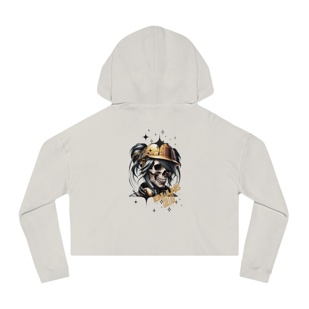 Women's Cropped Hooded Sweatshirt - Blue Collar Workers Women Empowerment Skull Design