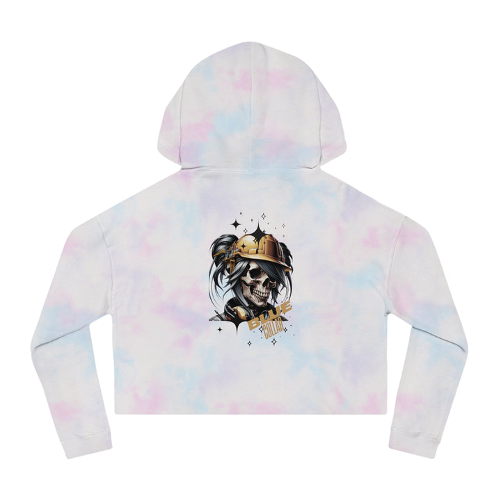 Women's Cropped Hooded Sweatshirt - Blue Collar Workers Women Empowerment Skull Design