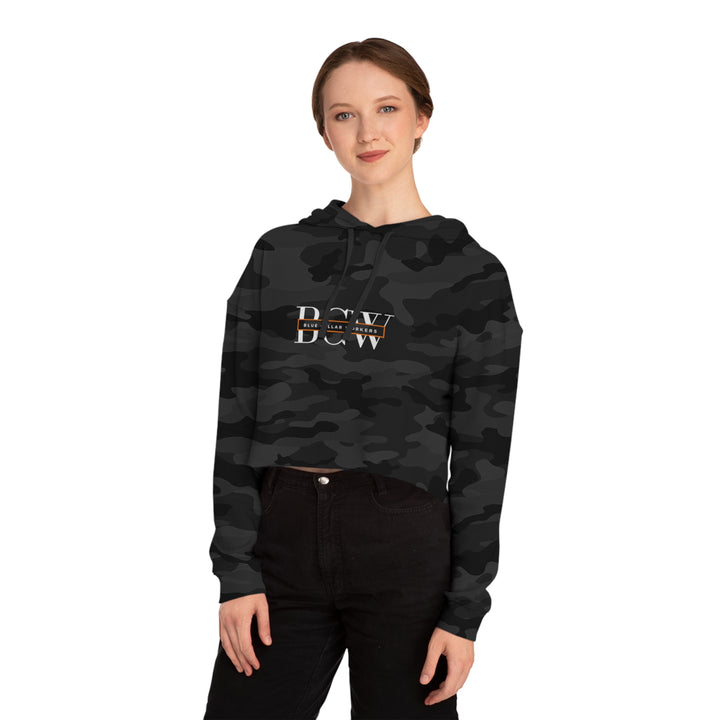 Women's Cropped Hooded Sweatshirt - Blue Collar Workers Women Empowerment Skull Design