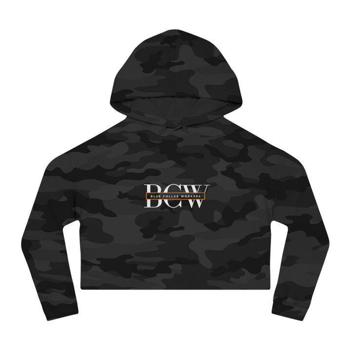 Women's Cropped Hooded Sweatshirt - Blue Collar Workers Women Empowerment Skull Design