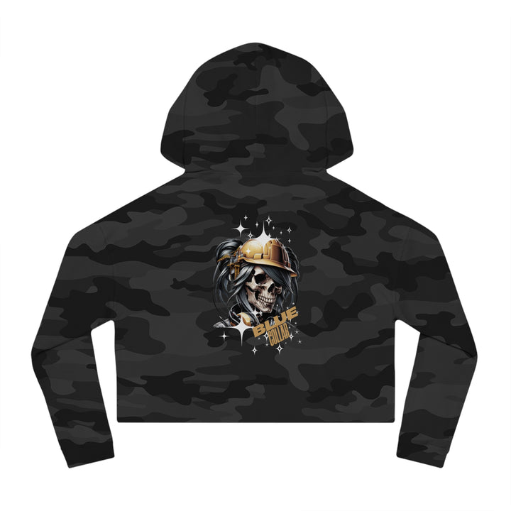 Women's Cropped Hooded Sweatshirt - Blue Collar Workers Women Empowerment Skull Design