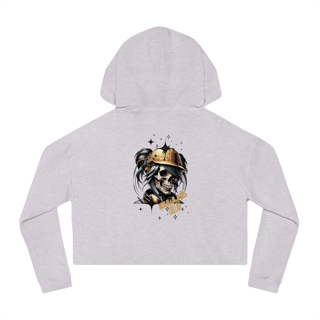 Women's Cropped Hooded Sweatshirt - Blue Collar Workers Women Empowerment Skull Design