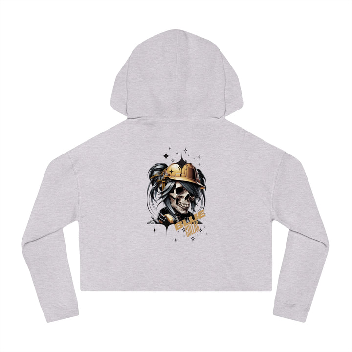 Women's Cropped Hooded Sweatshirt - Blue Collar Workers Women Empowerment Skull Design