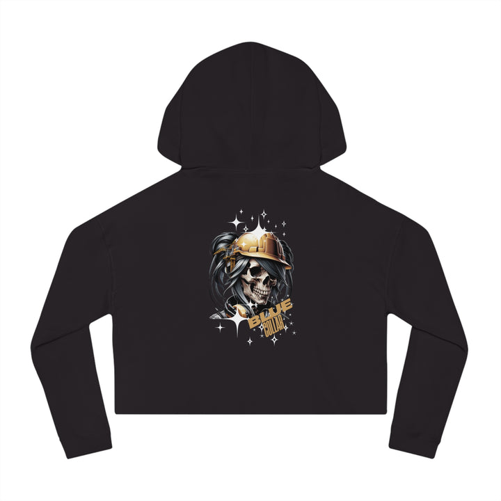 Women's Cropped Hooded Sweatshirt - Blue Collar Workers Women Empowerment Skull Design