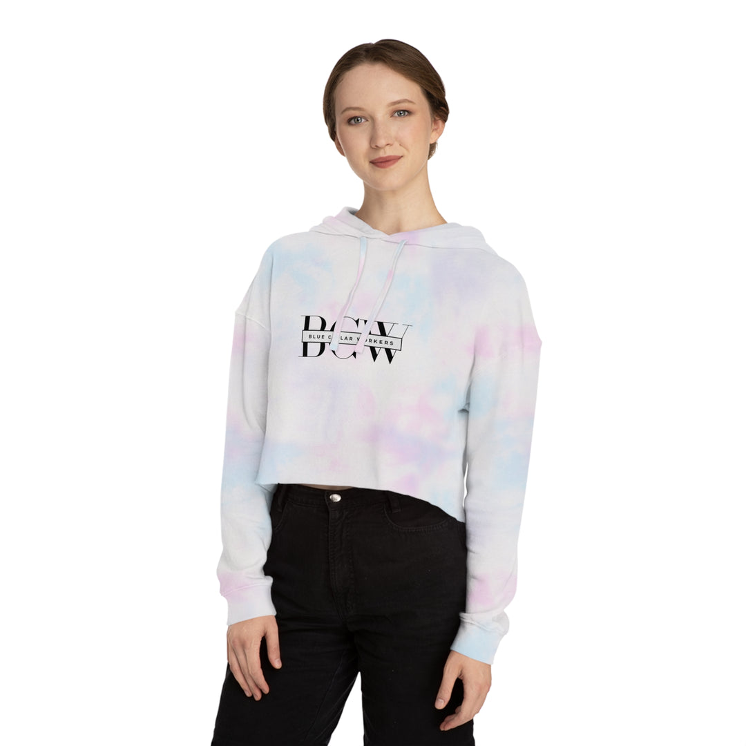 Women's Cropped Hooded Sweatshirt - Blue Collar Workers Women Empowerment Skull Design