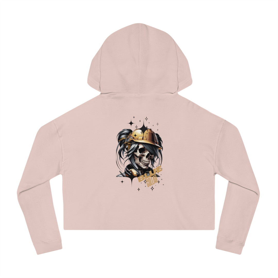 Women's Cropped Hooded Sweatshirt - Blue Collar Workers Women Empowerment Skull Design