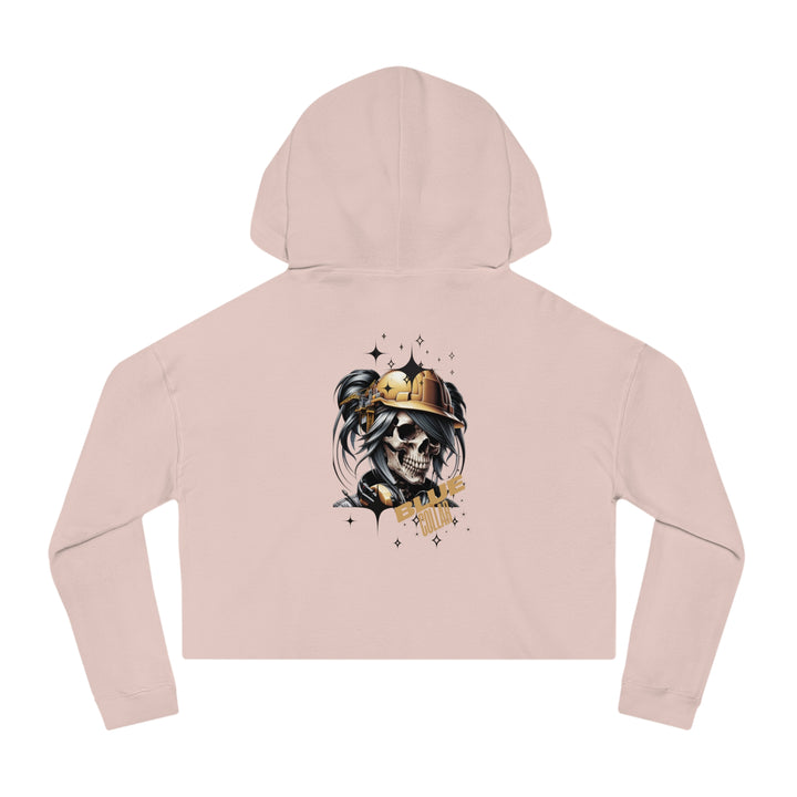 Women's Cropped Hooded Sweatshirt - Blue Collar Workers Women Empowerment Skull Design