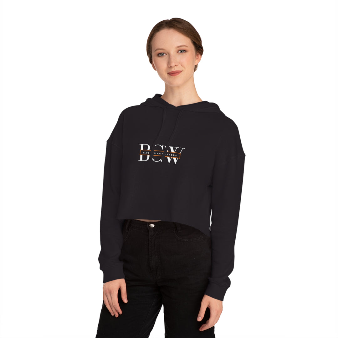 Women's Cropped Hooded Sweatshirt - Blue Collar Workers Women Empowerment Skull Design