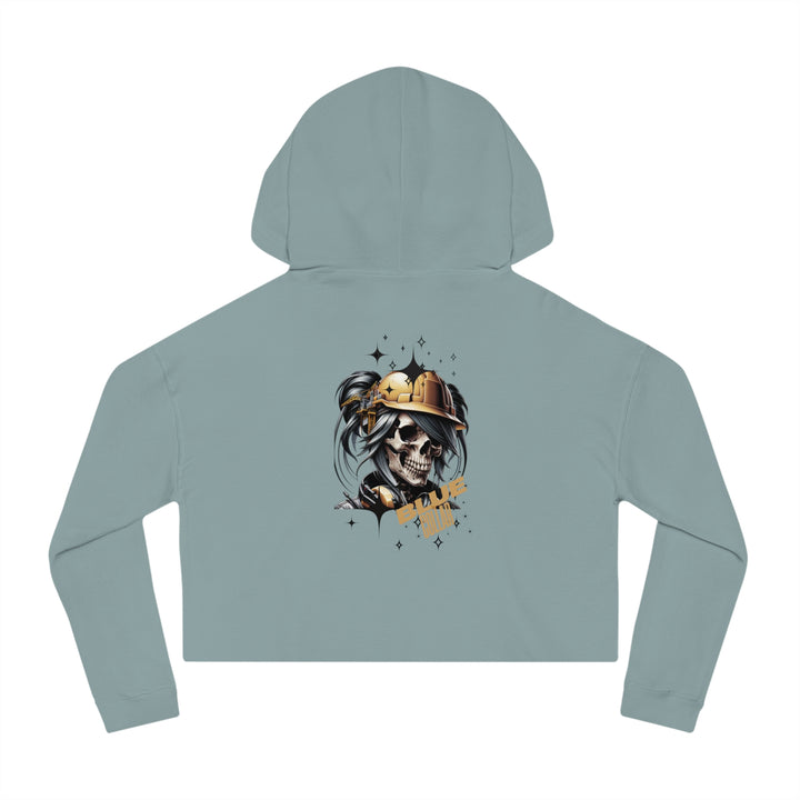 Women's Cropped Hooded Sweatshirt - Blue Collar Workers Women Empowerment Skull Design