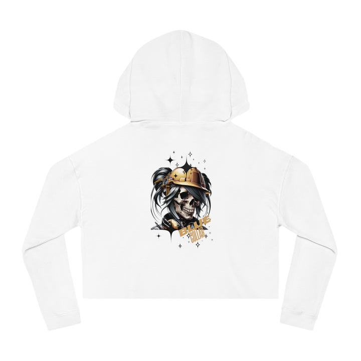 Women's Cropped Hooded Sweatshirt - Blue Collar Workers Women Empowerment Skull Design